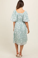 Mint Green Floral Embroidered Short Puff Sleeve Maternity Dress