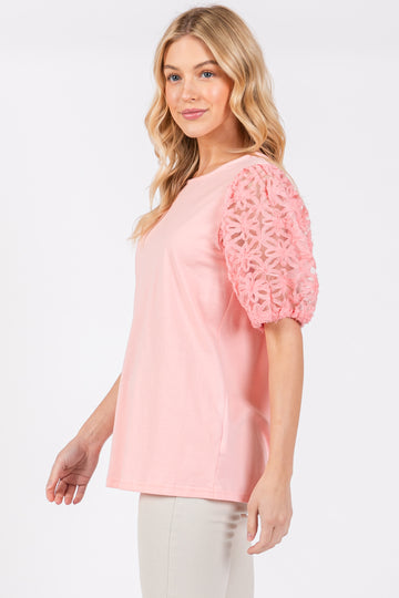 Light Pink Floral Mesh Sleeve Blouse