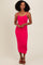woman wearing a bright pink ribbed midi dress with thin straps and a fitted silhouette