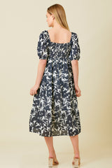 Black White Puff Sleeve Midi Dress