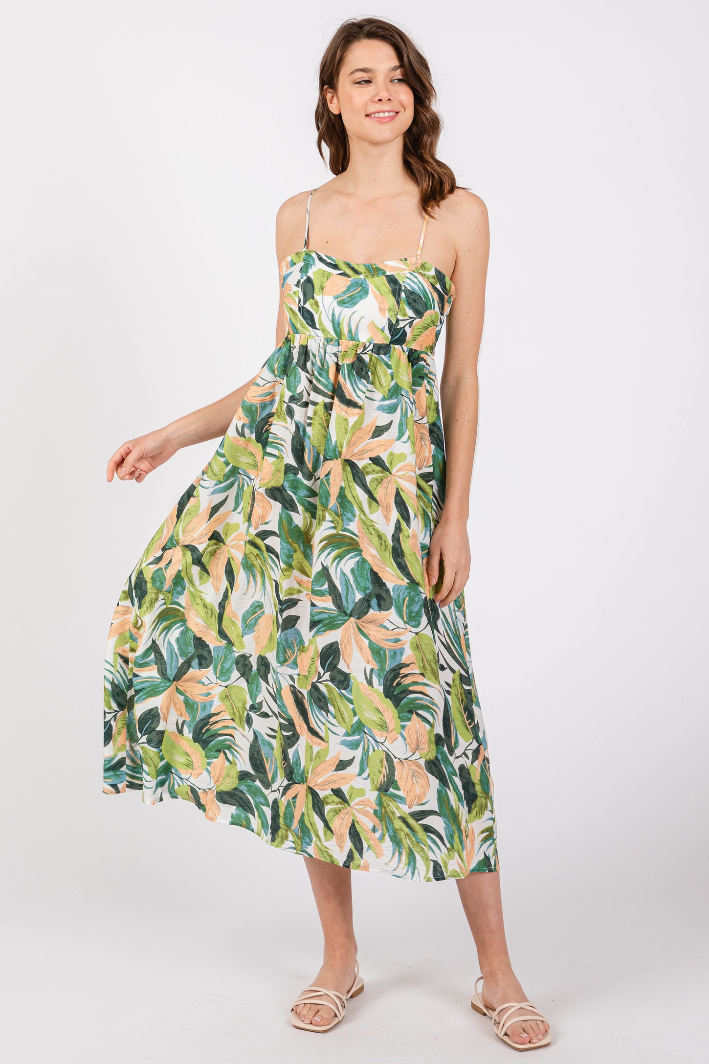 Green Leaf Print Open Back Maternity Midi Dress