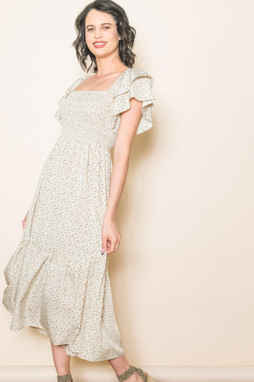 Cream Floral Flutter Sleeve Tiered Dress