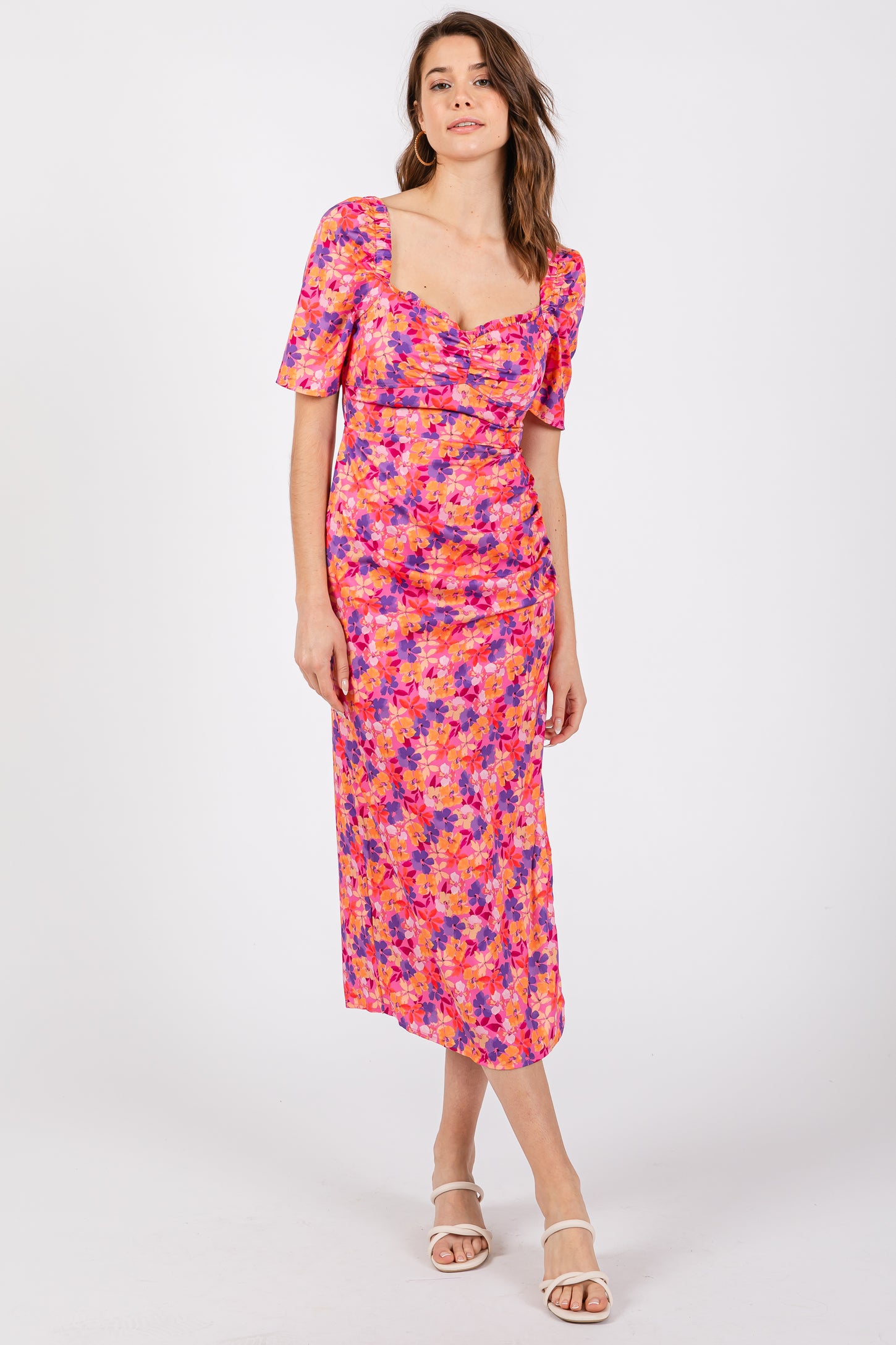 Fuchsia Floral Ruffle Sweetheart Fitted Maternity Midi Dress
