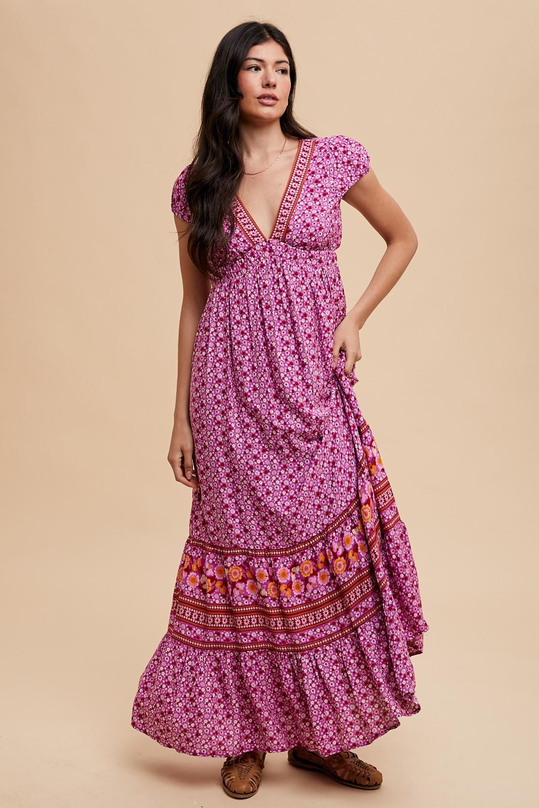 Magenta Floral Border Print Ruffle Maternity Maxi Dress