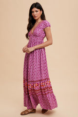 Magenta Floral Border Print Ruffle Maxi Dress