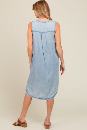Light Blue Chambray Button Up Fringe Sleeveless Maternity Dress