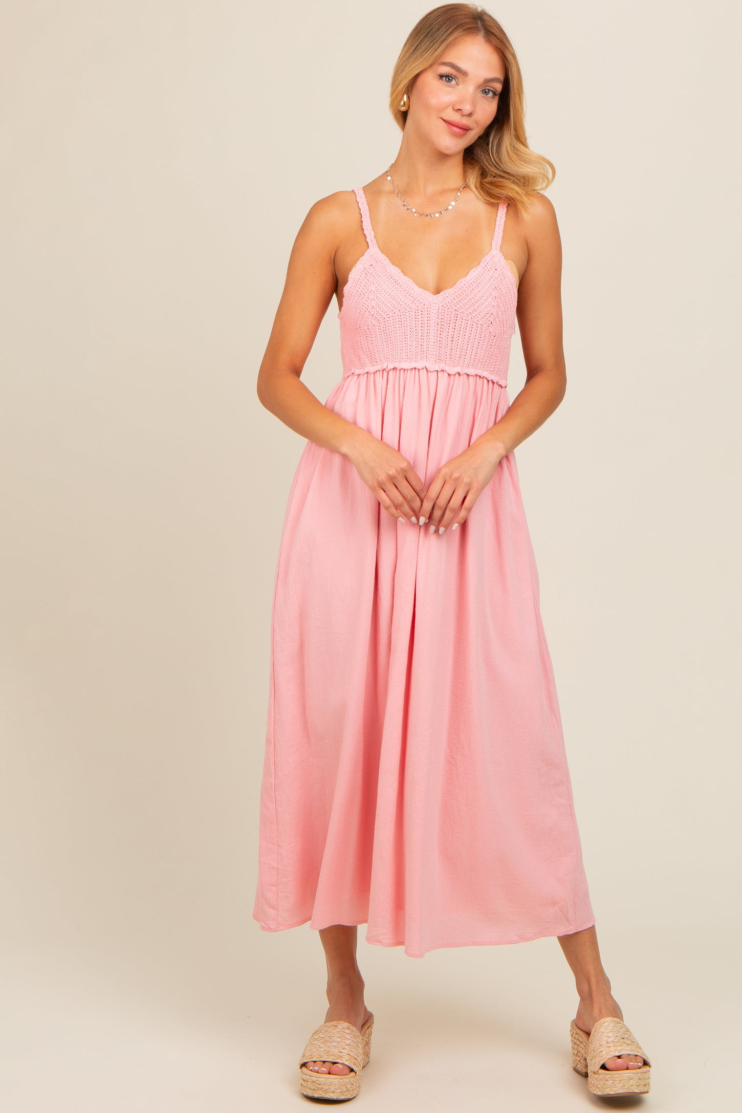 Pink V-Neck Crochet Top Midi Dress