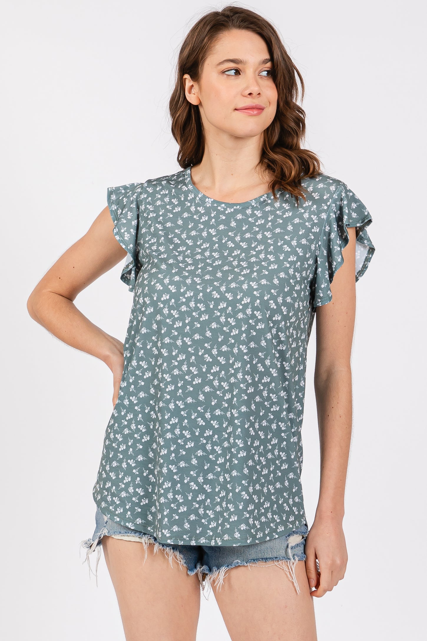 Olive Floral Ruffle Sleeve Top
