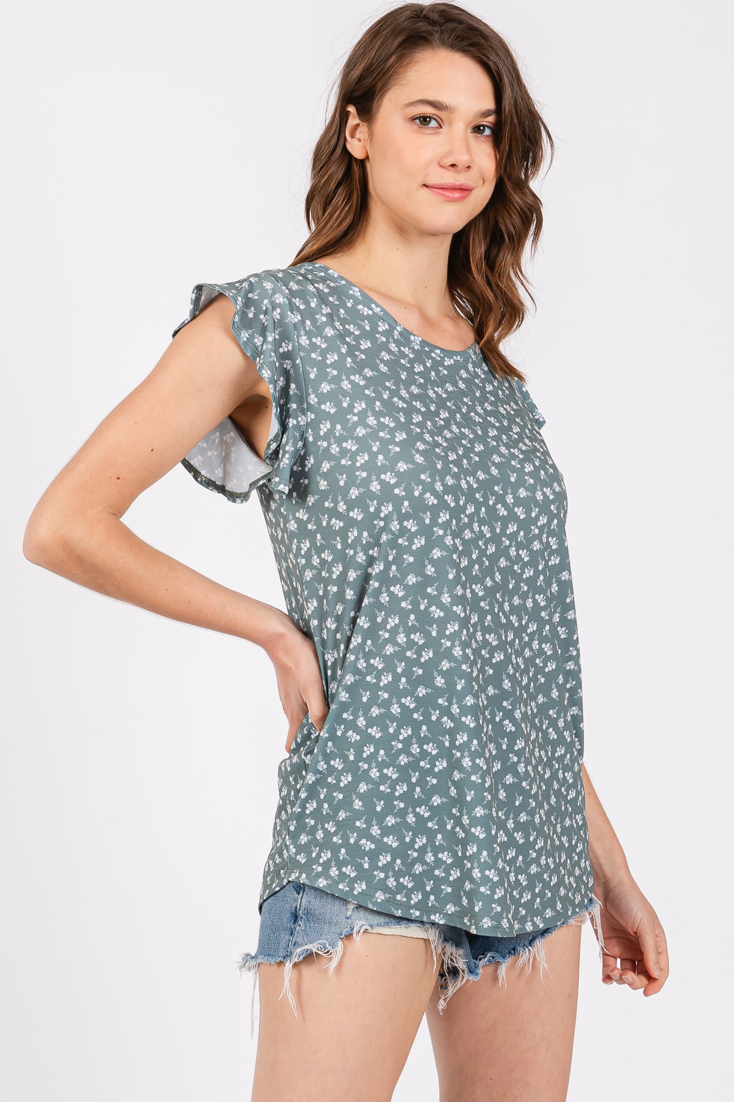 Olive Floral Ruffle Sleeve Top