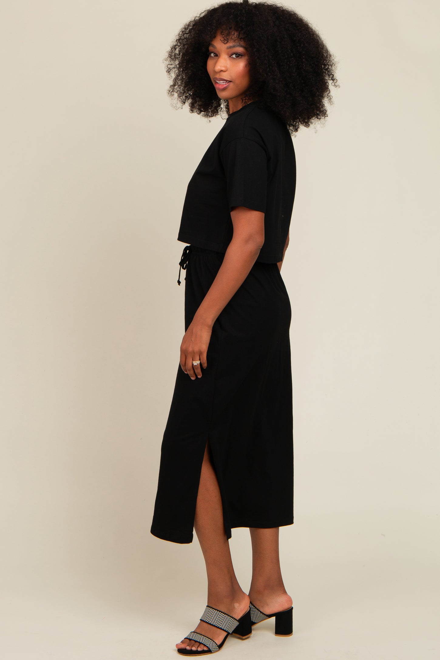 Black Short Sleeve Midi Skirt Set
