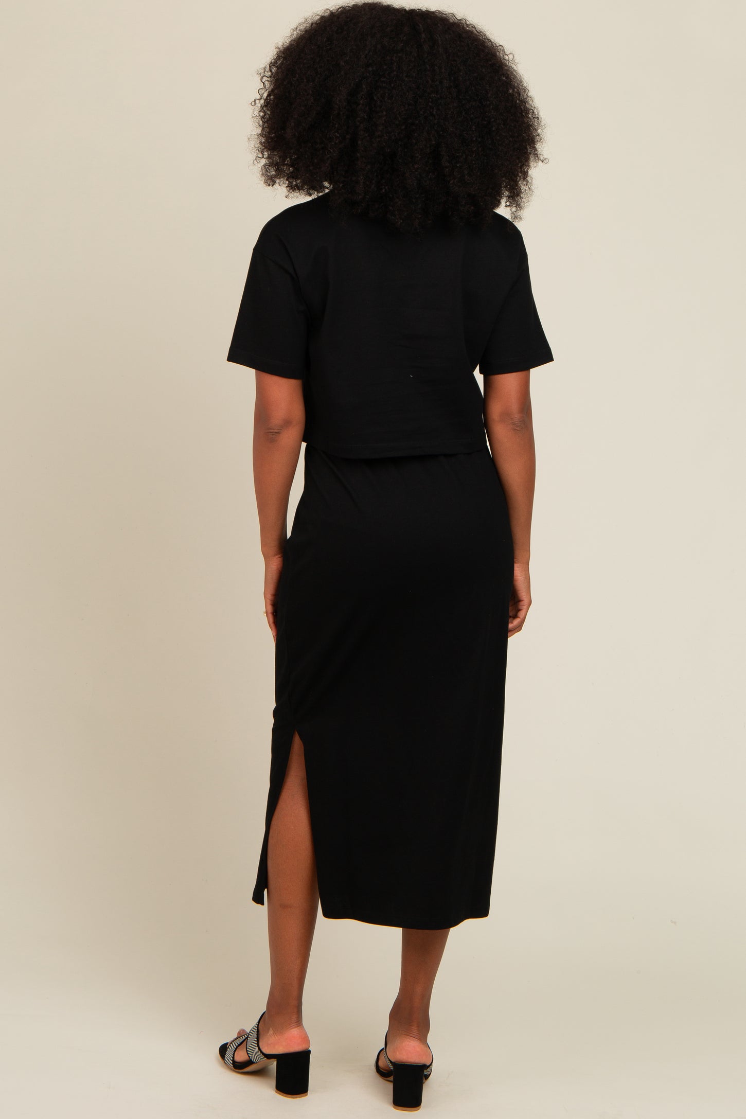 Black Short Sleeve Midi Skirt Set