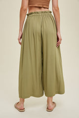 Olive Pleated Elastic Waist Wide Leg Crop Pants