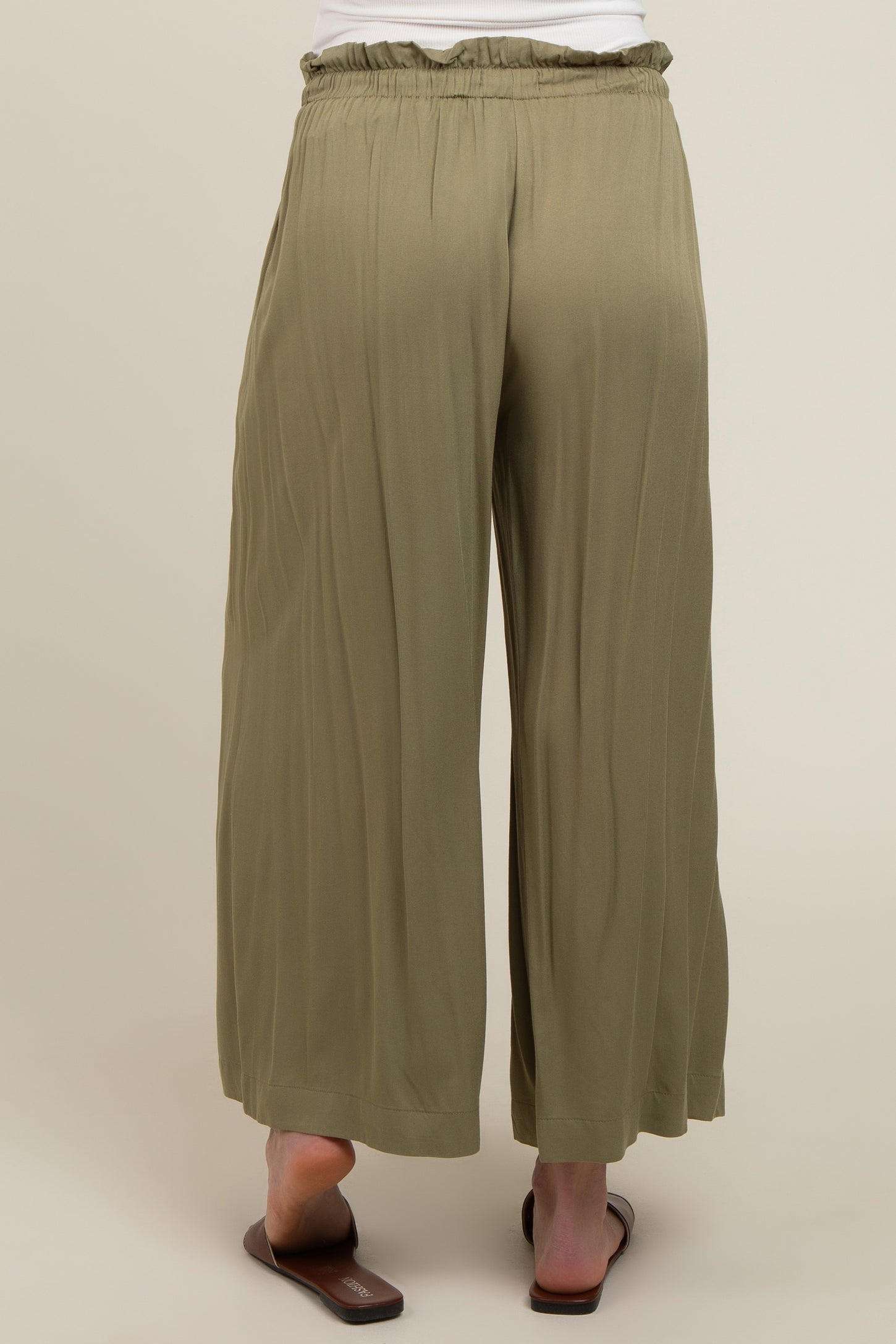 Olive Pleated Elastic Waist Wide Leg Crop Maternity Pants