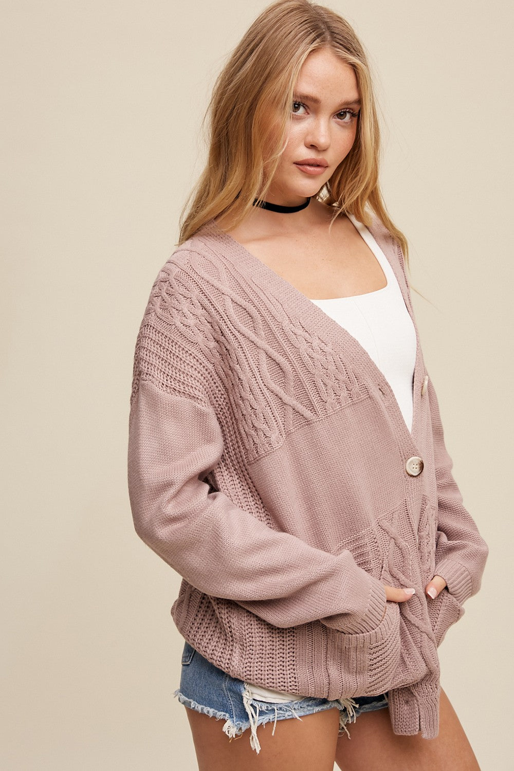 Mauve Cable Knit Cardigan Sweater