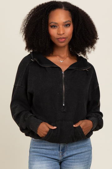 Charcoal Waffle Knit Half Zip Relaxed Fit Hoodie