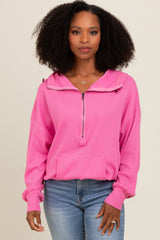 Pink Waffle Knit Half Zip Relaxed Fit Hoodie