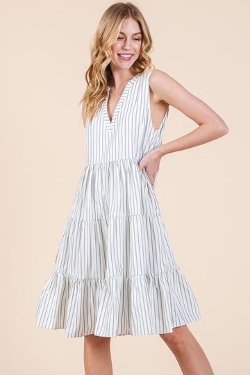 Off White Vertical Striped V Neck Sleeveless Midi Dress