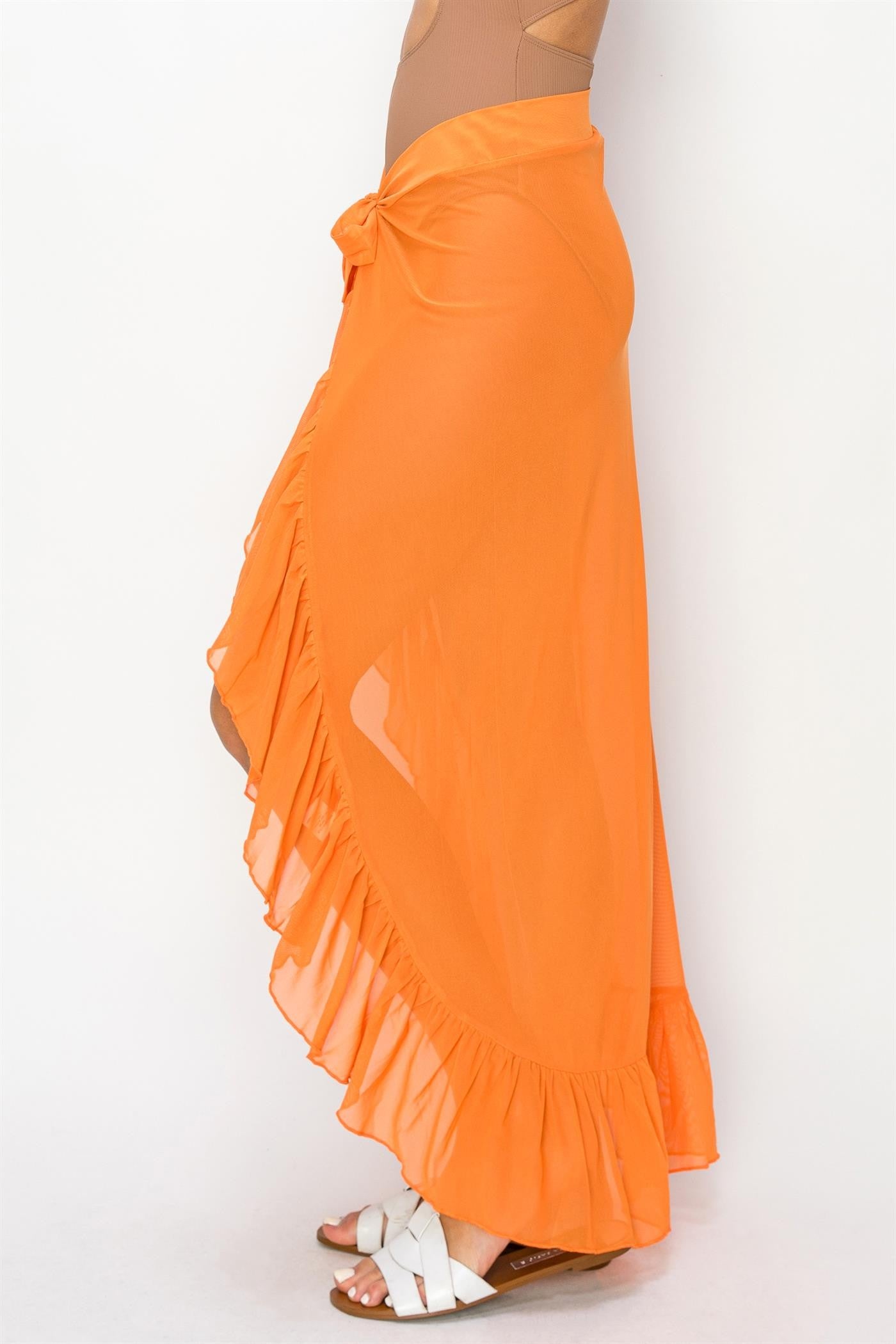 Orange Sheer Ruffle Accent Cover Up