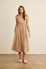Mocha Linen Shoulder Tie Maternity Midi Dress