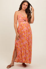 Orange Floral Front Cutout Side Slit Maternity Maxi Dress