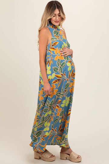 Blue Floral Halter Maternity Maxi Dress