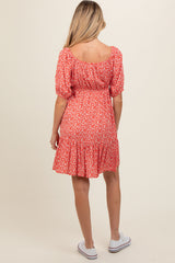 Red Floral Button Front Drawstring Waist Ruffle Maternity Dress