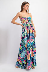 Navy Floral Strapless Front Tie Jumpsuit