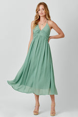 Sage Ruched V-Neck Maternity Midi Dress