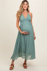 Sage Ruched V-Neck Maternity Midi Dress