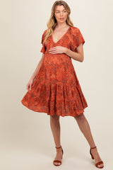 Rust Floral Smocked V-Neck Tiered Maternity Dress