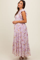 Lavender Floral Chiffon Ruffle Shoulder Tiered Maternity Maxi Dress