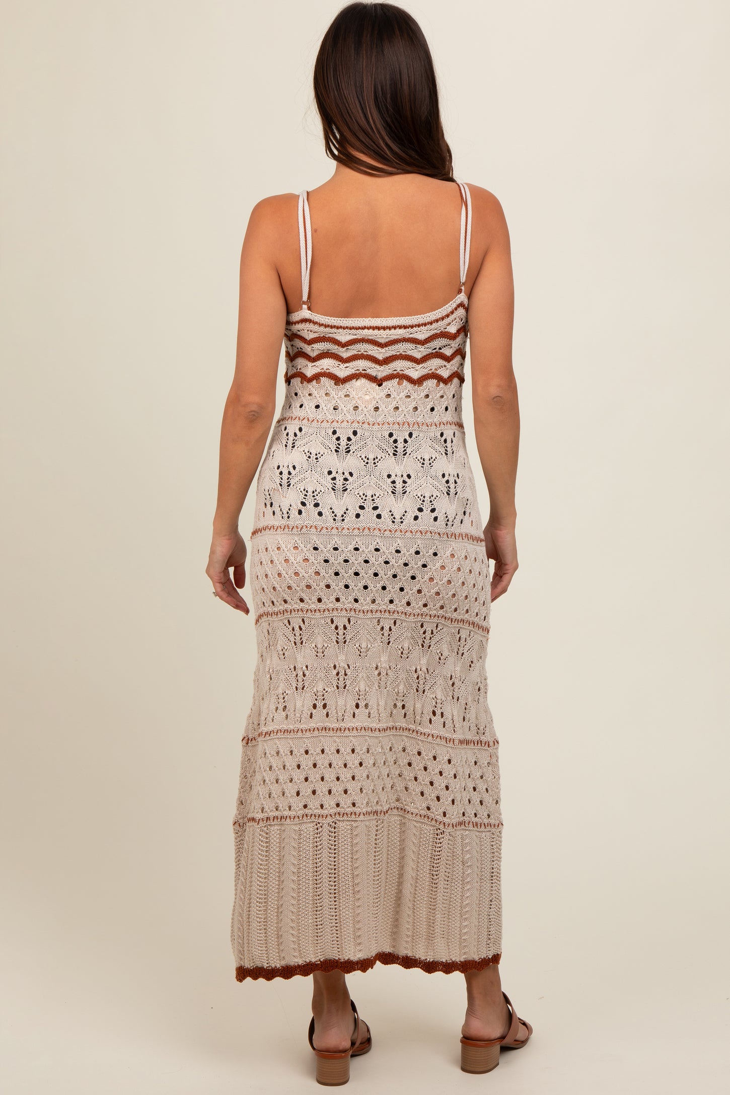 Beige Contrast Trim Crochet Maternity Maxi Swim Cover Up