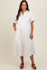 White Tiered Button Down Maternity Midi Dress