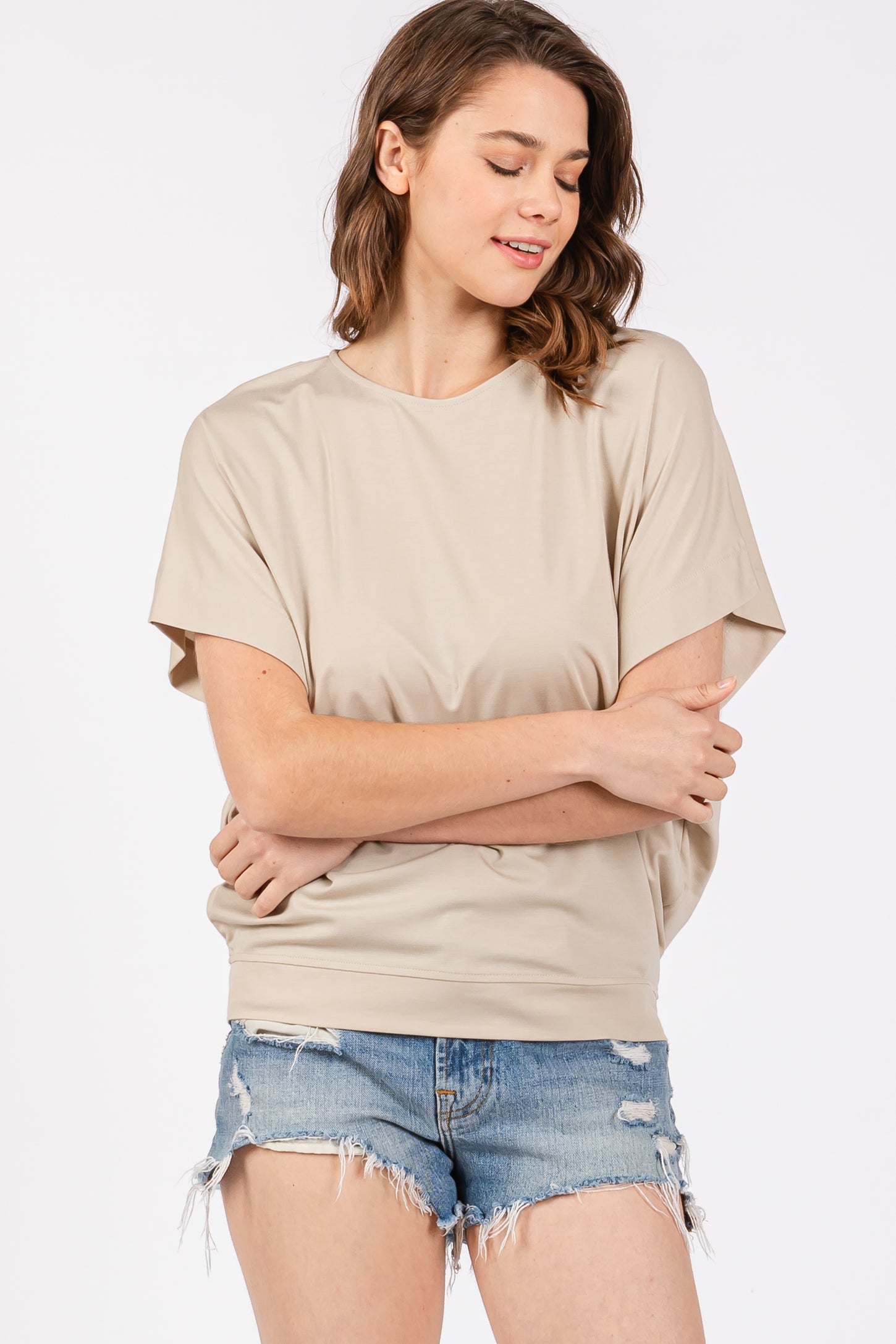 Beige Round Neck Dolman Sleeve Maternity Top