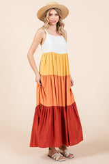 Orange Tiered Colorblock Maxi Dress