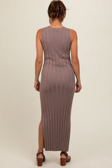 Taupe Sleeveless Knit Side Slit Maternity Midi Dress