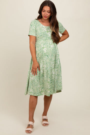 Light Olive Floral Tiered Maternity Midi Dress