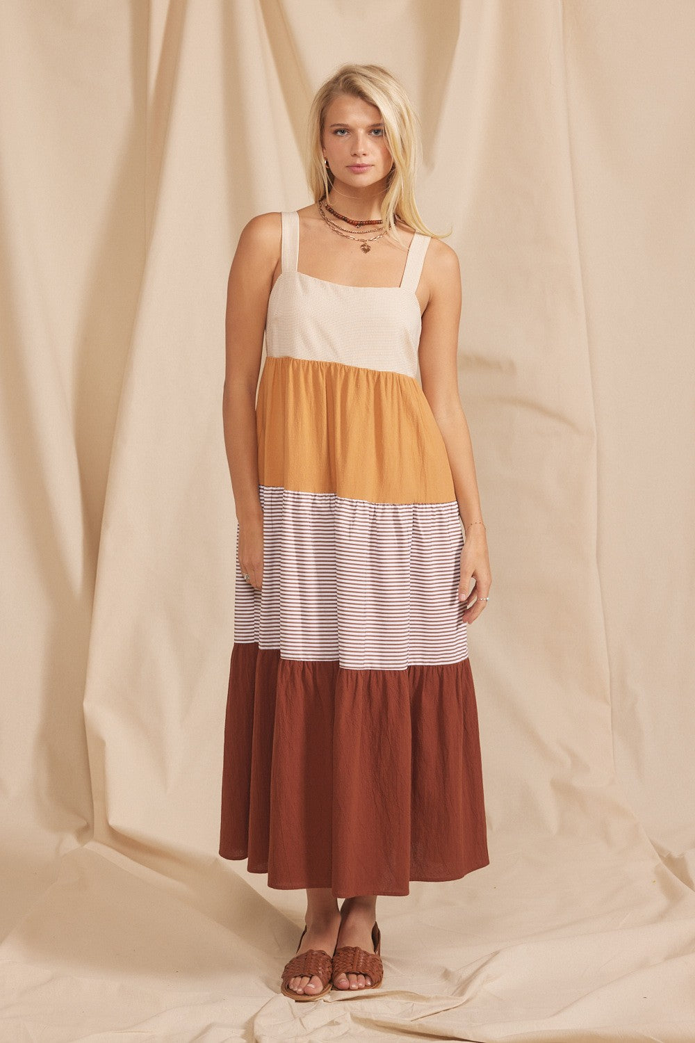 Multi Striped Color Block Back Bow Maternity Midi Dress
