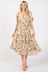 Cream Floral V-Neck Tiered Midi Dress