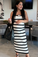 Black Striped Ribbed Knit Rosette Maternity Midi Dress