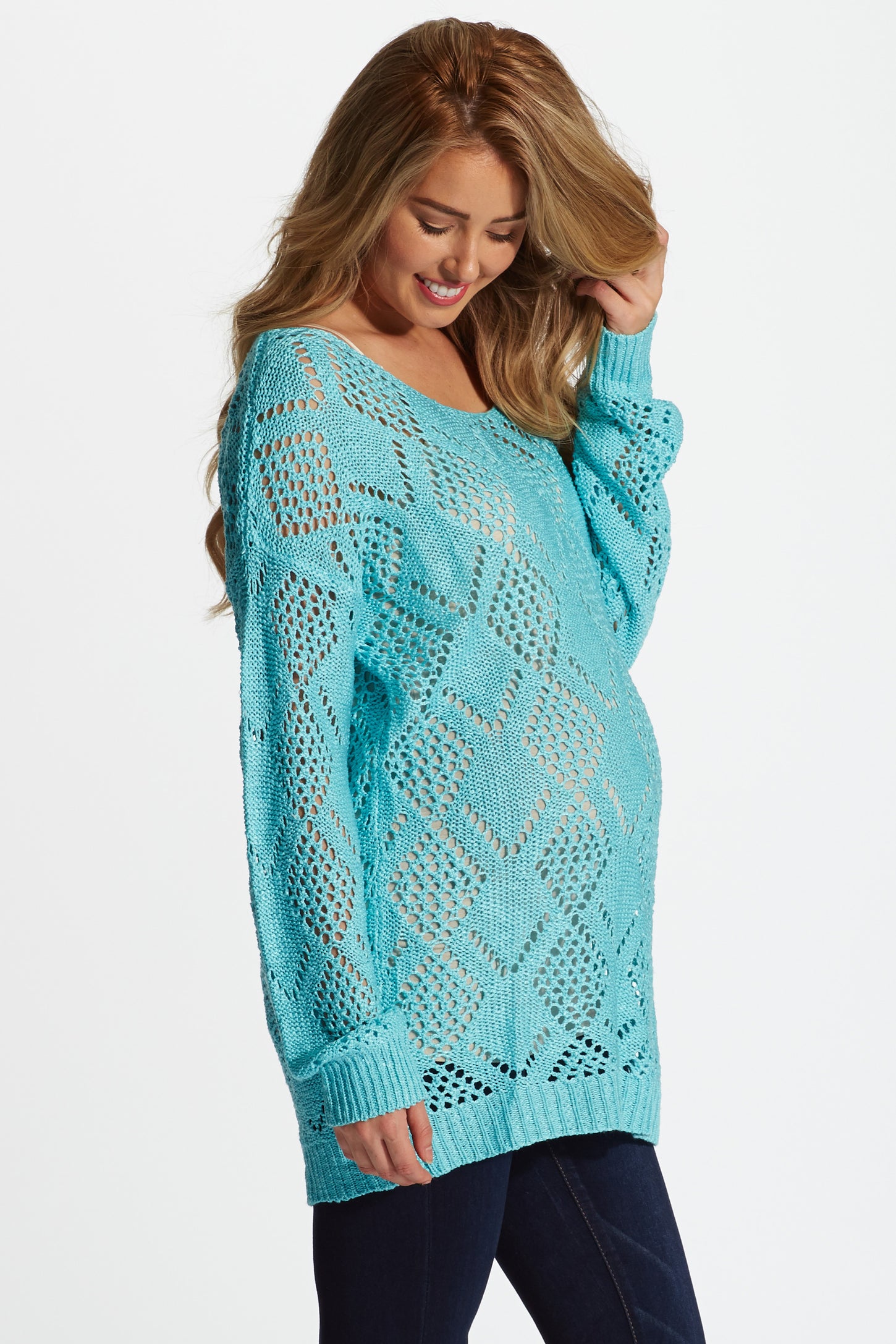 Aqua Diamond Open Knit Maternity Sweater