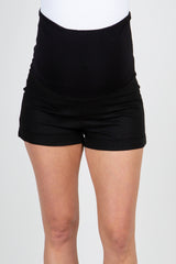 Black Linen Foldover Waistband Maternity Shorts