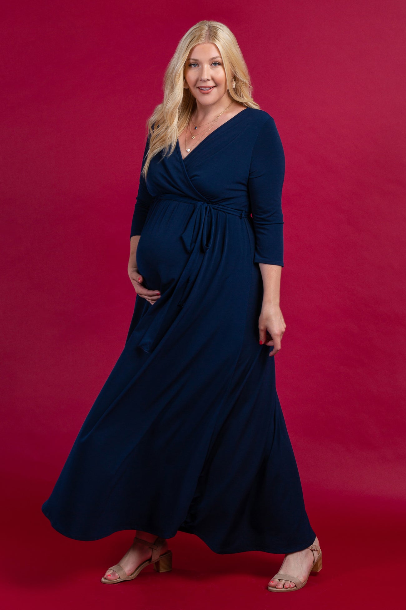 PinkBlush Navy Blue Sash Tie Wrap Plus Maternity Maxi Dress