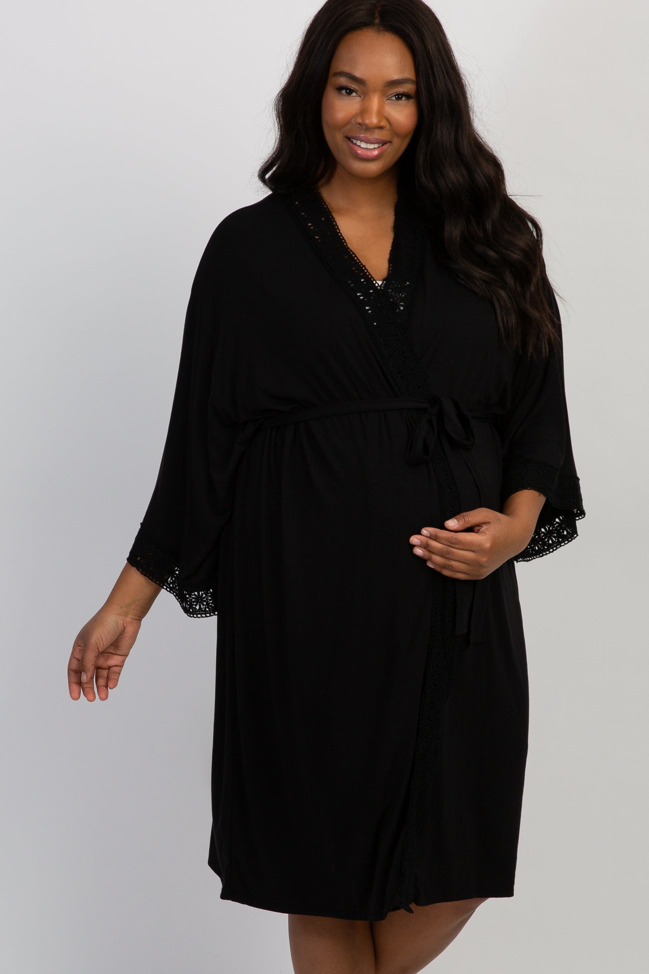 PinkBlush Black Crochet Trim Plus Delivery/Nursing Maternity Robe