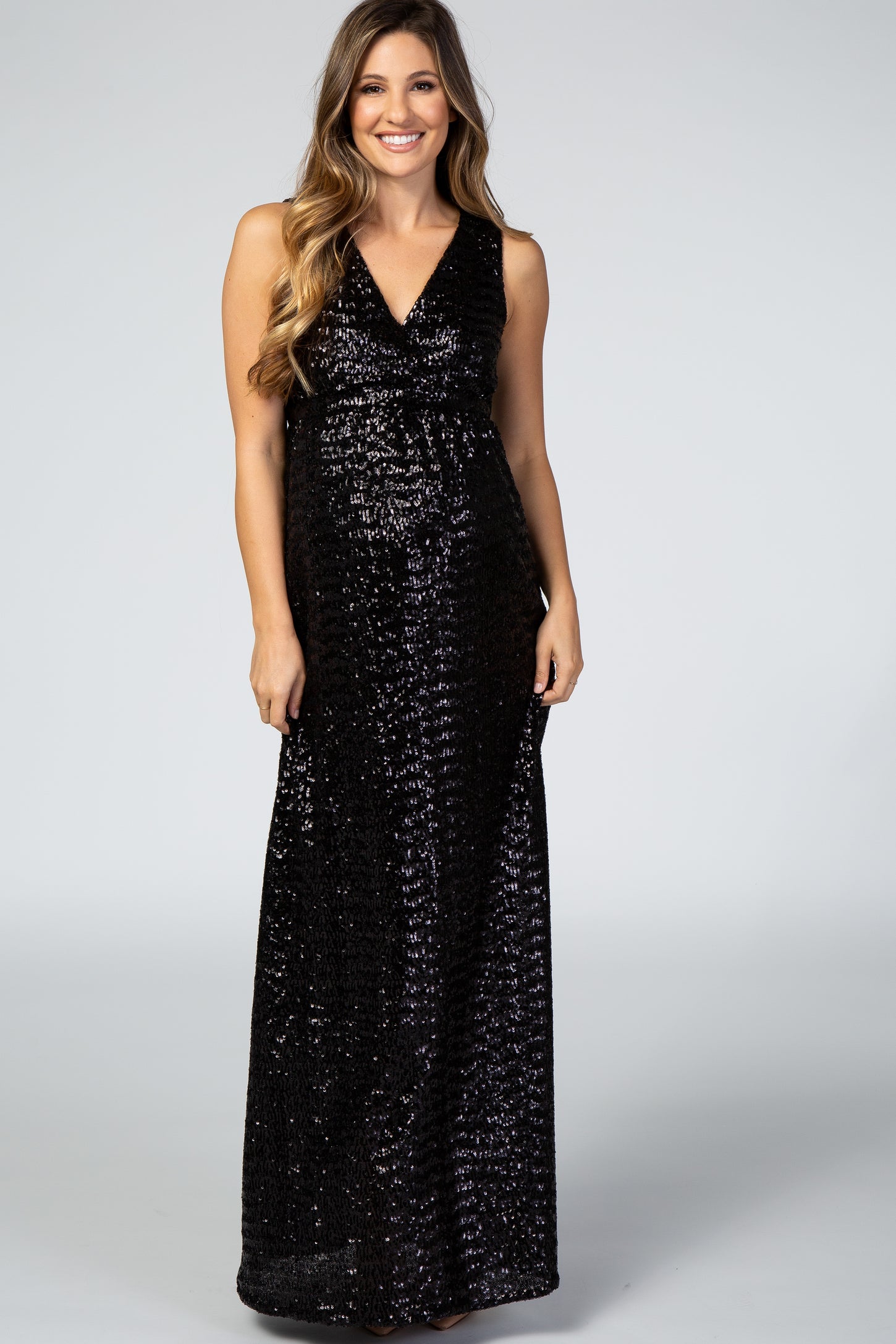 Black Sequin V Neck Sleeveless Maternity Evening Gown
