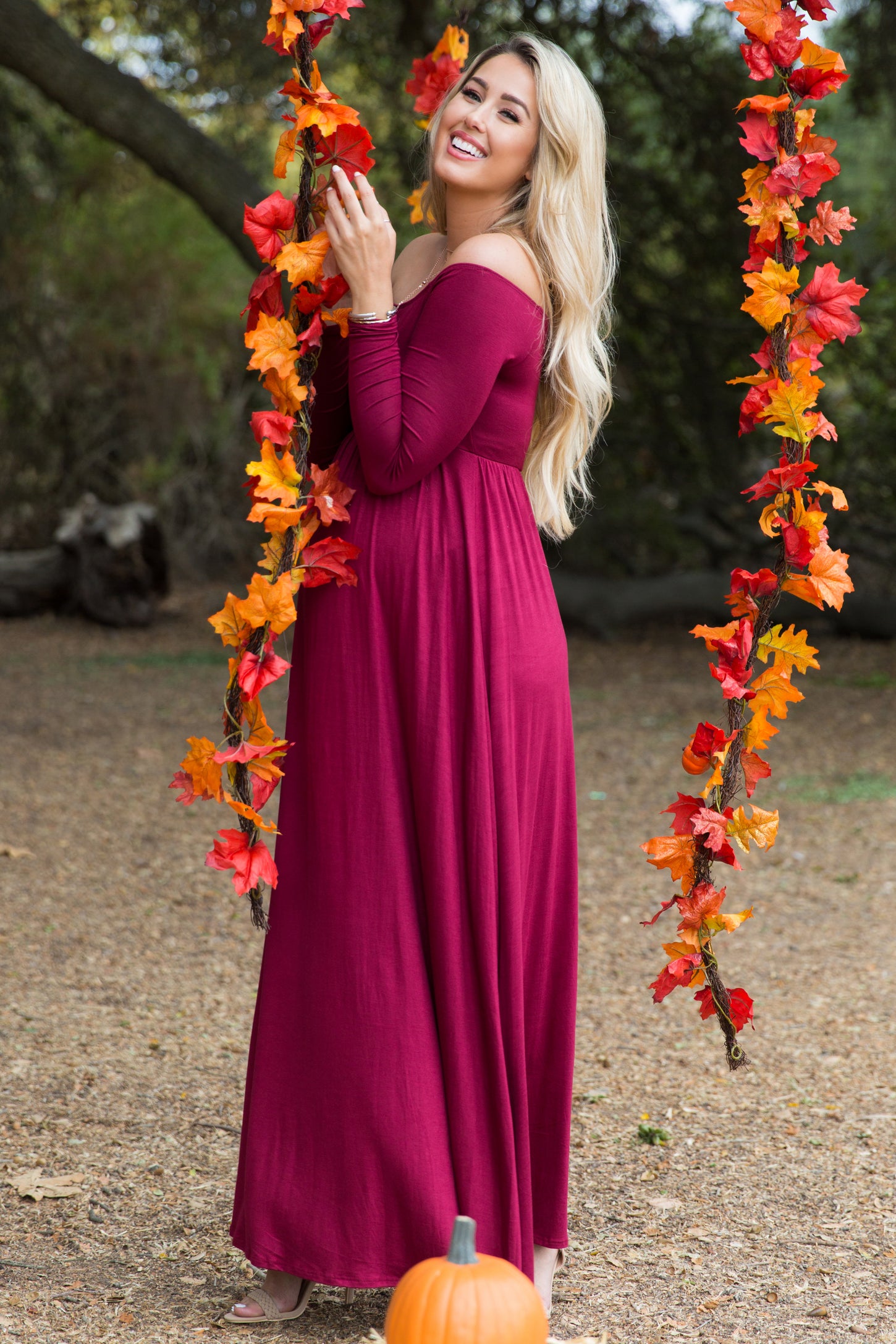 Dark Burgundy Solid Off Shoulder Maternity Maxi Dress