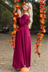 Dark Burgundy Solid Off Shoulder Maternity Maxi Dress