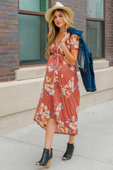 Rust Floral Hi-Low Maternity Wrap Dress