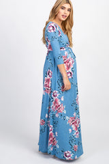 PinkBlush Blue Floral Sash Tie Maternity/Nursing Wrap Maxi Dress