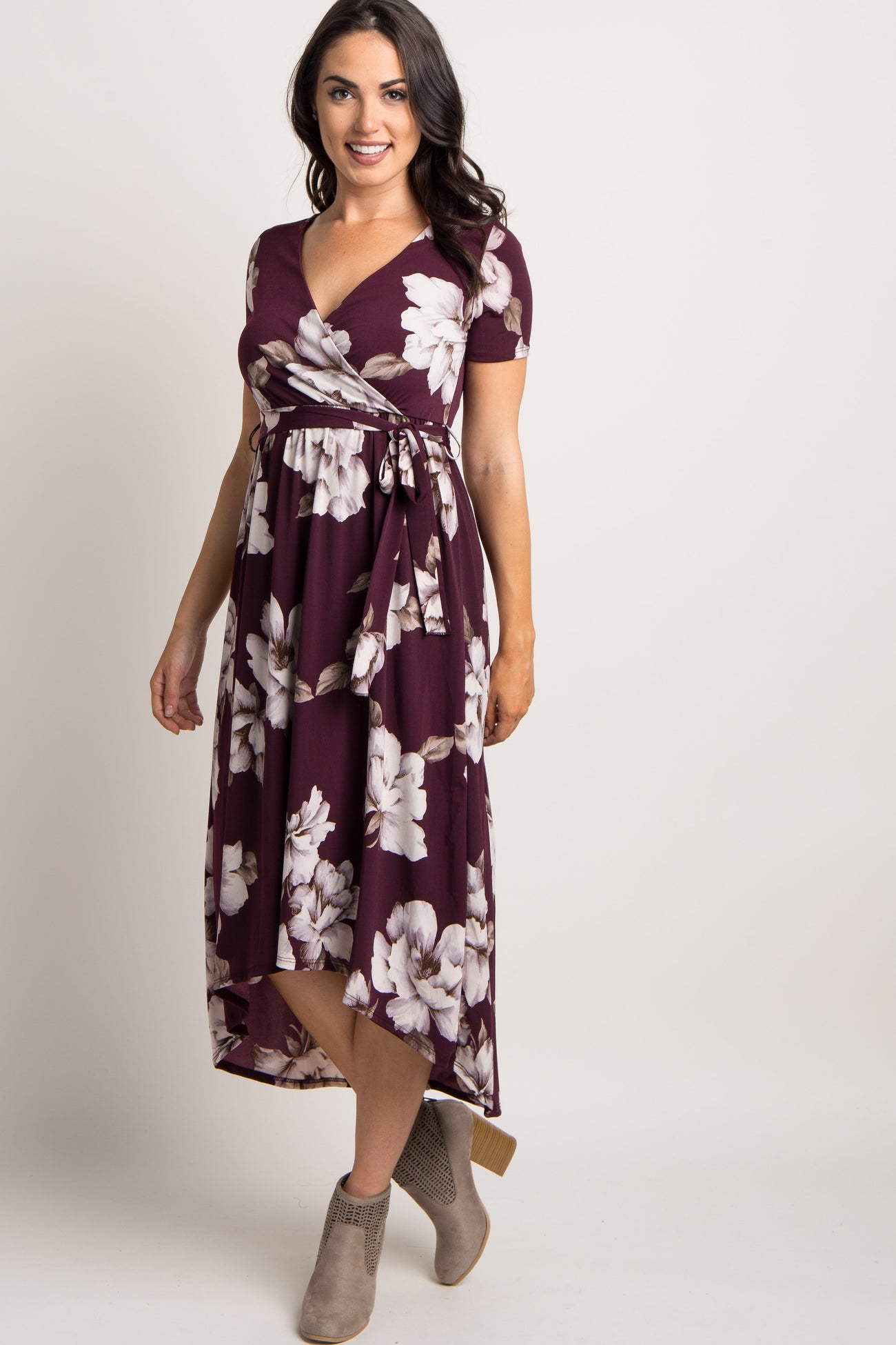 Plum Floral Hi-Low Maternity Wrap Dress